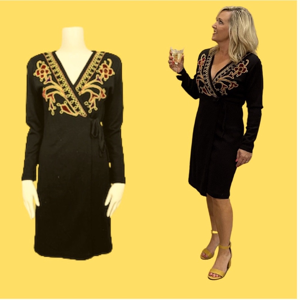 Size S VTG Carole Little Black Knit Wrap Dress Embroider Detail Long Sleeve WOW